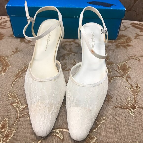 Dye-Able Ivory Lace Satin Ankle-Strap, Formal Pump Formal Dress Shoe Wedding - Picture 1 of 16
